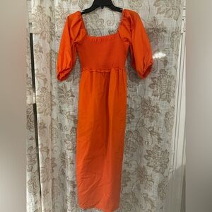 Orange Smocked Midi Dress